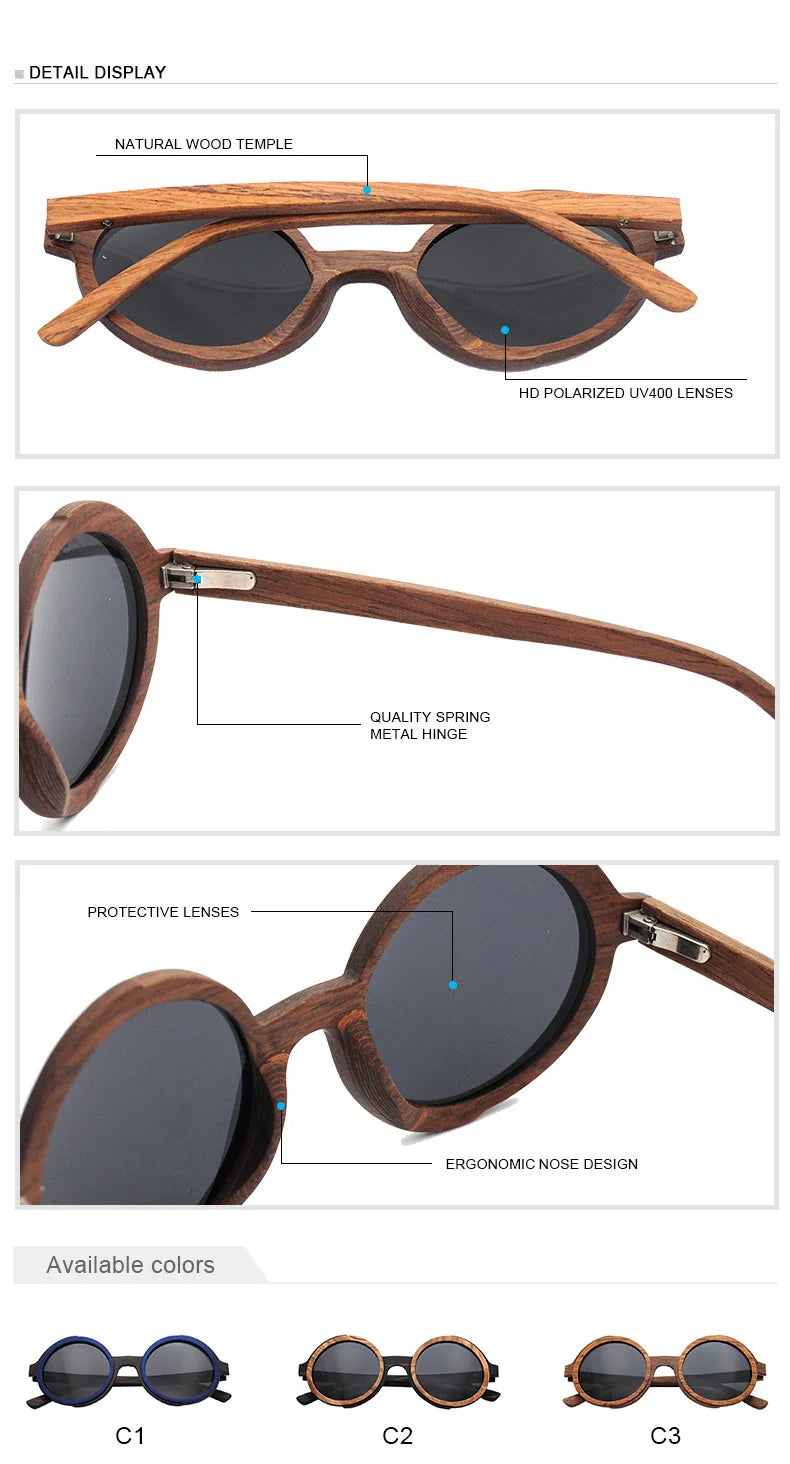 Vintage Polarized Round Wooden Sunglasses